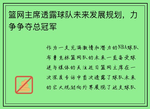 篮网主席透露球队未来发展规划，力争争夺总冠军