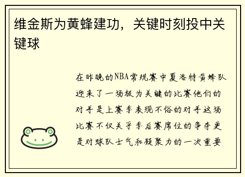 维金斯为黄蜂建功，关键时刻投中关键球